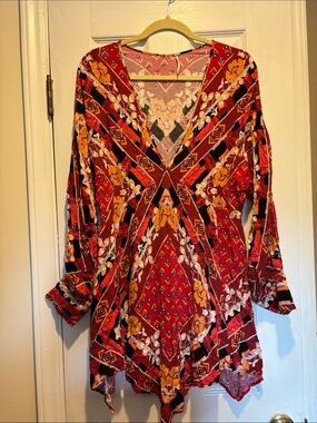 Free People Ride to the Sunset Printed V-Neck Tunic Boho Red Large-Flaw